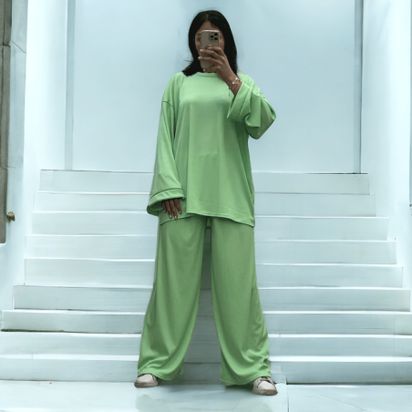 Ensemble tunique et pantalon léger vert d'eau en maille côtelé extensible printemps été