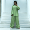 Ensemble tunique et pantalon léger vert d'eau en maille côtelé extensible printemps été