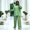 Ensemble tunique et pantalon léger vert d'eau en maille côtelé extensible printemps été