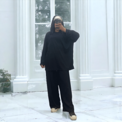 Ensemble tunique et pantalon léger noir en maille côtelé extensible printemps été
