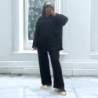 Ensemble tunique et pantalon léger noir en maille côtelé extensible printemps été