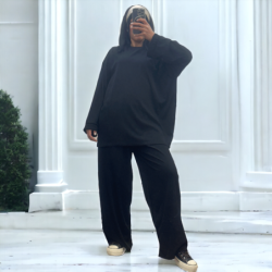 Ensemble tunique et pantalon léger noir en maille côtelé extensible printemps été