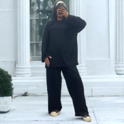 Ensemble tunique et pantalon léger noir en maille côtelé extensible printemps été