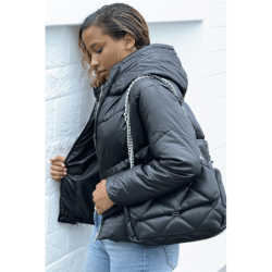Doudoune noire simili cuir à fermeture éclair noir et argent capuche et lacets au niveau du col