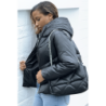 Doudoune noire simili cuir à fermeture éclair noir et argent capuche et lacets au niveau du col