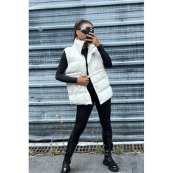 Doudoune en simili beige sans manche ajustable à la taille