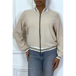 Veste fluide beige légère à zip et bordure dorée