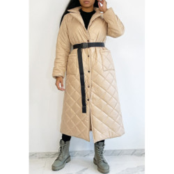 Long manteau matelassé rose gold très chic à ceinture