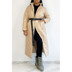 Long manteau matelassé rose gold très chic à ceinture