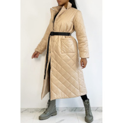 Long manteau matelassé rose gold très chic à ceinture