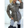 Manteau kaki mi long asymétrique simili cuir avec ceinture à la taille