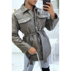 Manteau kaki mi long asymétrique simili cuir avec ceinture à la taille
