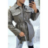 Manteau kaki mi long asymétrique simili cuir avec ceinture à la taille