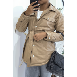 Manteau taupe mi long asymétrique simili cuir avec ceinture à la taille