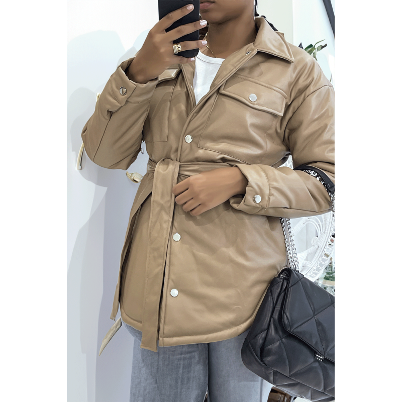 Manteau taupe mi long asymétrique simili cuir avec ceinture à la taille