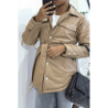 Manteau taupe mi long asymétrique simili cuir avec ceinture à la taille
