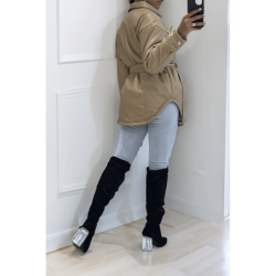 Manteau taupe mi long asymétrique simili cuir avec ceinture à la taille