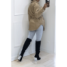 Manteau taupe mi long asymétrique simili cuir avec ceinture à la taille