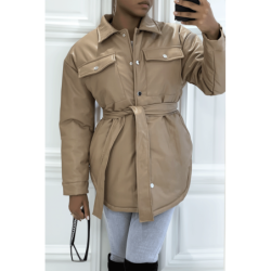Manteau taupe mi long asymétrique simili cuir avec ceinture à la taille