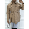 Manteau taupe mi long asymétrique simili cuir avec ceinture à la taille