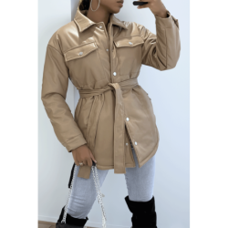 Manteau taupe mi long asymétrique simili cuir avec ceinture à la taille