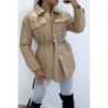 Manteau taupe mi long asymétrique simili cuir avec ceinture à la taille