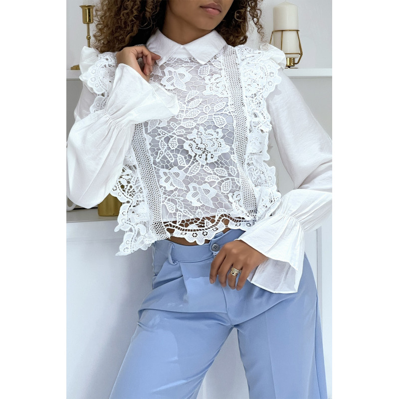 Blouse blanche à col Claudine en dentelle et tulle