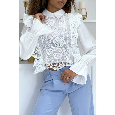 Blouse blanche à col Claudine en dentelle et tulle