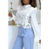 Blouse blanche à col Claudine en dentelle et tulle