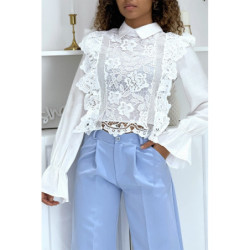 Blouse blanche à col Claudine en dentelle et tulle