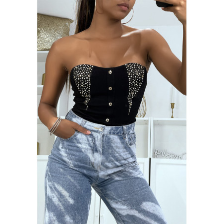 Magnifique haut Noir avec boutons et strass. Top femme fashion et sexy 1896