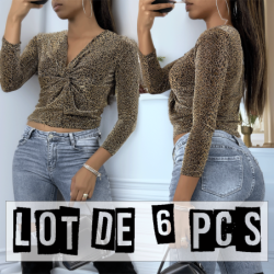 Lot de 6 Hauts scintillant avec imprimés léopard doré à manches longues, col v