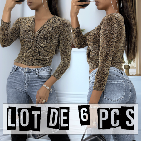 Lot de 6 Hauts scintillant avec imprimés léopard doré à manches longues, col v