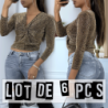 Lot de 6 Hauts scintillant avec imprimés léopard doré à manches longues, col v