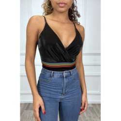 Body noir brillant cache coeur à bande multicolores