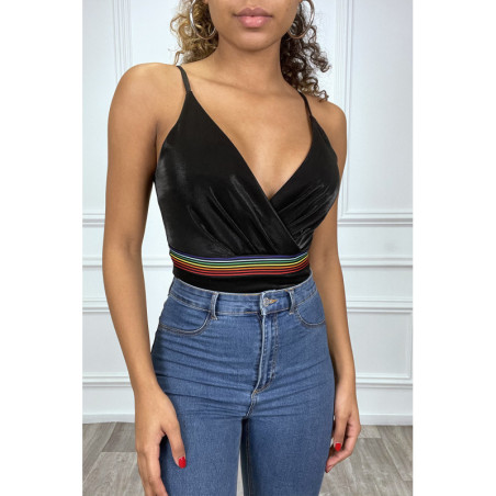 Body noir brillant cache coeur à bande multicolores