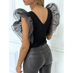 Body noir à volants en tulle col plongeant