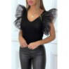 Body noir à volants en tulle col plongeant
