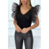 Body noir à volants en tulle col plongeant