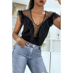 Body noir avec buste transparent et volant