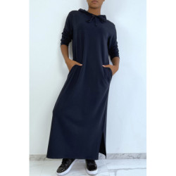 Longue robe sweat abaya marine à capuche