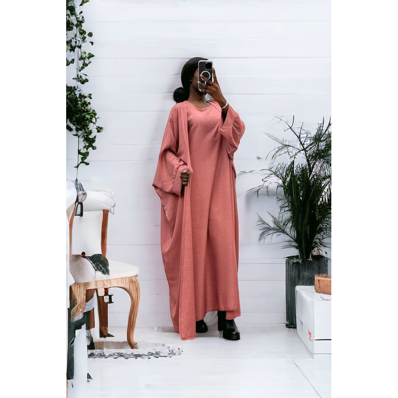 Abaya 2 pièces robe et kimono en rose