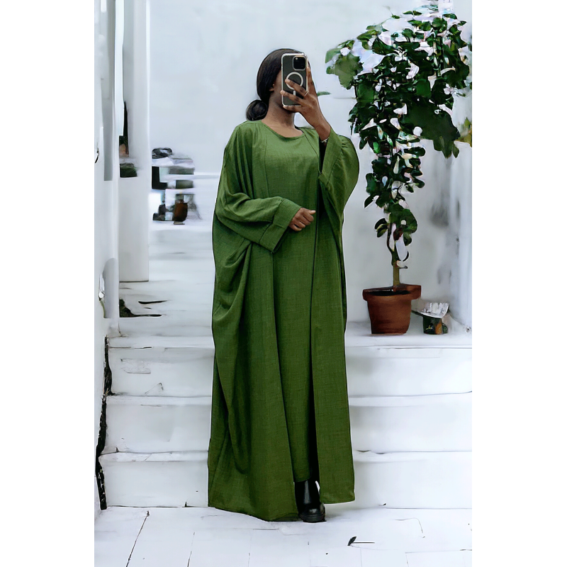 Abaya 2 pièces robe et kimono en kaki