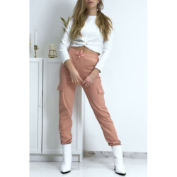 Pantalon treillis rose en strech avec poches