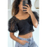 Crop top noir à manches bouffantes