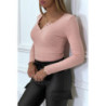 Crop top rose poudré côtelé à col v à pression fantaisie