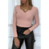 Crop top rose poudré côtelé à col v à pression fantaisie