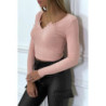 Crop top rose poudré côtelé à col v à pression fantaisie