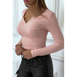 Crop top rose poudré côtelé à col v à pression fantaisie