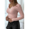 Crop top rose poudré côtelé à col v à pression fantaisie